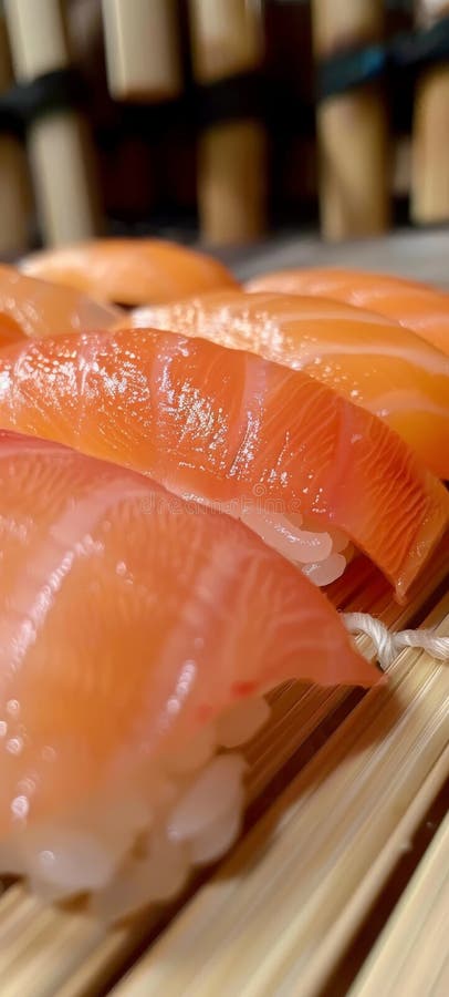 Eine Zusammenstellung von kunstvoll gefertigten Sushi-Stücken mit Schwerpunkt auf Textur und Farbe auf traditioneller Bambusmatte lizenzfreie abbildung