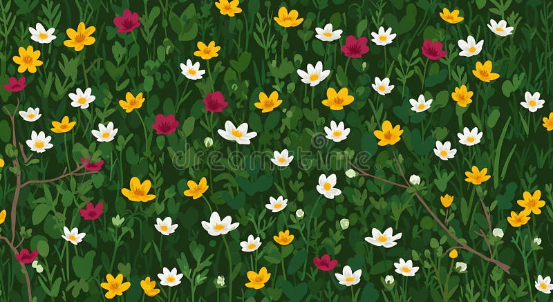 Eine üppige Gartenlandschaft mit verschiedenen bunten Blumen, die über ein Feld von Grün verteilt sind lizenzfreie abbildung