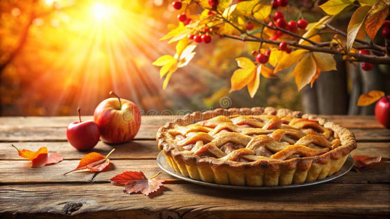 Eine üppige Herbsternte rustikale Apfelkuchen, eingebettet unter einer majestätischen Fall-Foliage-Canopy, die das Wesen von lizenzfreie abbildung