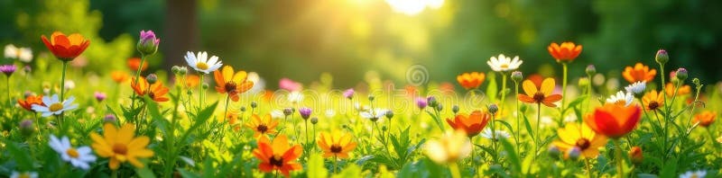 Eine üppige Wiese explodiert mit farblich sonnenbeleuchteten Wildblumen in voller Blüte, hell und hoch auflösend vektor abbildung