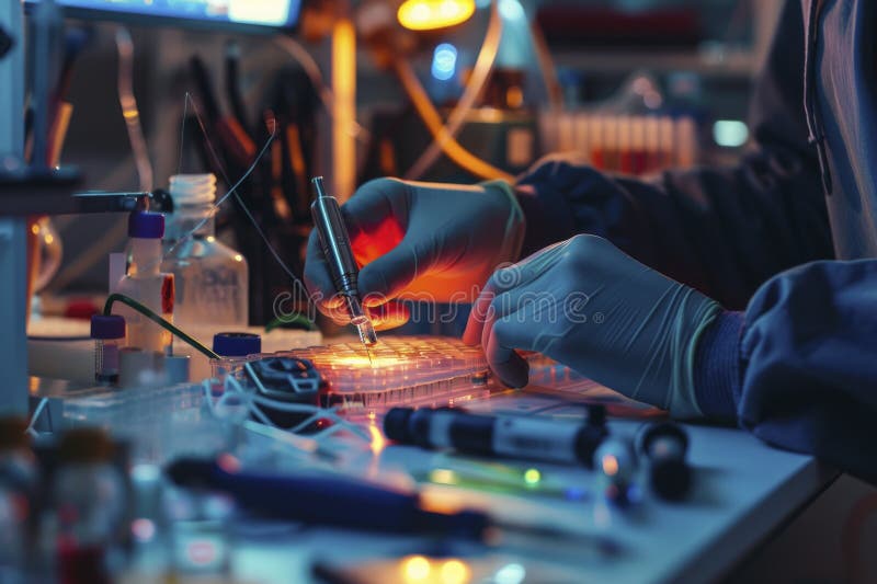 In einem häuslichen Labyrinth mit Neonleuchten gibt ein Biohacker Pipettenproben sorgfältig durch. In einem hausgemachtem Labor mit Neonleuchten gibt ein Biohacker Pipettenproben sorgfältig aus, die das Wesen der Selbstexperimentierung verdeutlichen. ai generiert