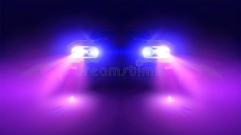 In a fog at night, car lights shine with a purple flare, rays, glow, and mist isolated on a transparent background. This modern illustration is realistic and realistic.. AI generated. In a fog at night, car lights shine with a purple flare, rays, glow, and mist isolated on a transparent background. This modern illustration is realistic and realistic.. AI generated