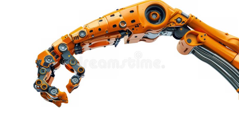 Einem Roboterarm, der Teile auf weißem Hintergrund zusammenfügt. stockbild