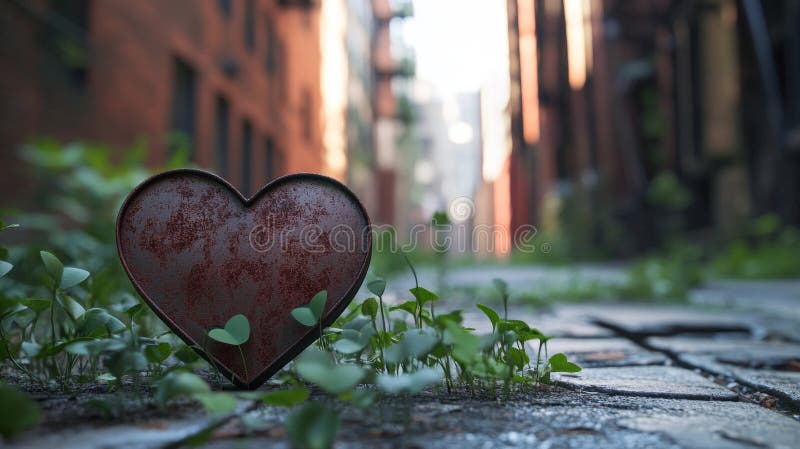 In einer Lücke zwischen Kopfsteinen und metallischem Herzen, begleitet von einer kleinen Pflanze, die Resilienz und Hoffnung symbo stockfotos