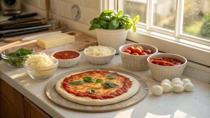 In einer sonnigen Küche ist ein köstliches Pizzakit aufgestellt. ein zarter Pizzastein ruht auf dem für lizenzfreie stockfotos