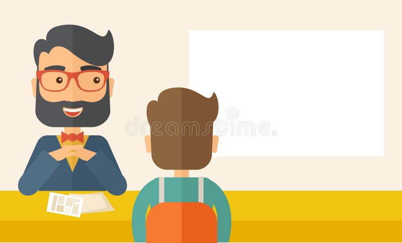 A smiling Caucasian human resource manager with beard interviewed the applicant with his curriculum vitae for the job vacancy. Employment, recruitment concept. A contemporary style with pastel palette, beige tinted background. Vector flat design illustration. Horizontal layout with text space in right side. A smiling Caucasian human resource manager with beard interviewed the applicant with his curriculum vitae for the job vacancy. Employment, recruitment concept. A contemporary style with pastel palette, beige tinted background. Vector flat design illustration. Horizontal layout with text space in right side.