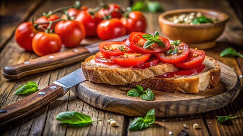 Einfach köstliche rustikale hausgemachte Tomatensandwich Eine Nahaufnahme Lebensmittelfotografie eines frischen Juicy Tomato Sandw lizenzfreie abbildung