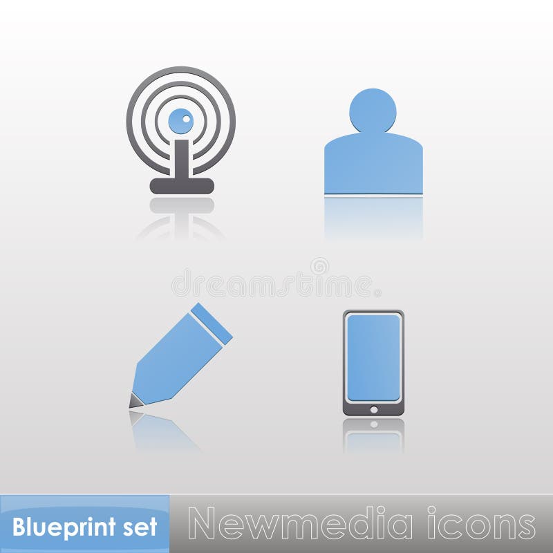 Einfache blau-graue neue Ikonen der Medien (Wi-Fi, Mitglied, schreiben, Telefon), mit Reflexion lokalisiert auf neutralem Hintergr stock abbildung Einfache blau-graue neue Ikonen der Medien (Wi-Fi, Mitglied, schreiben, Telefon), mit Reflexion lokalisiert auf neutralem Hintergr stock abbildung
