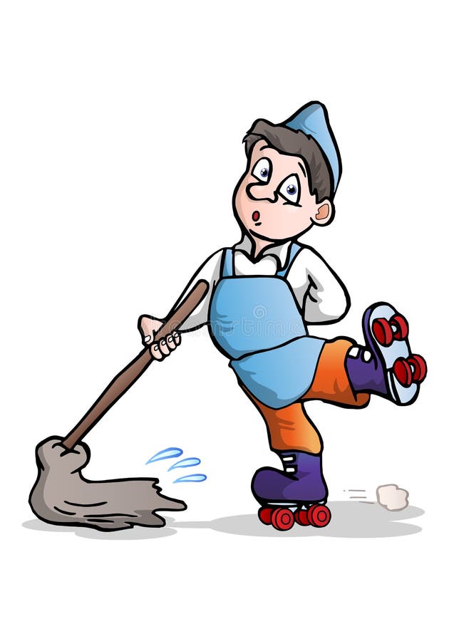 Illustration of a cleaning service boy using roller blade. Illustration of a cleaning service boy using roller blade