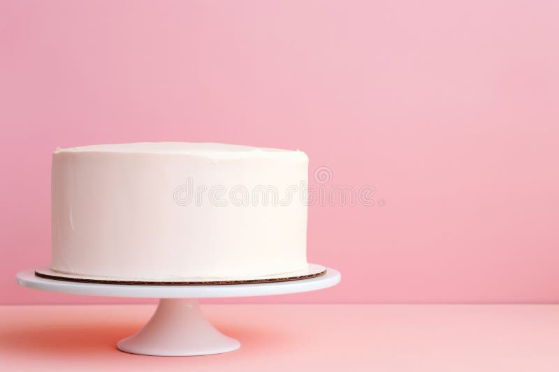 Einfache Vanille weißer Kuchen auf einem soliden hellrosa Hintergrund mit leerem Raum links stockbild