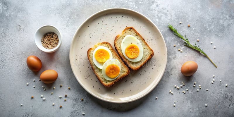 Einfaches und dennoch elegantes Frühstück mit gekochten Eiern auf einer Tafel mit geröstetem Brot. vektor abbildung