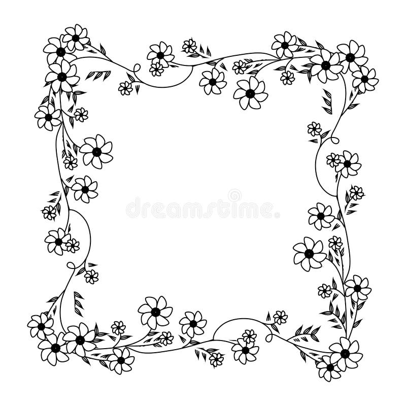 Einfarbige Kontur mit quadratischer Rahmenverzierung mit Kriechpflanzen und violetten Blumen lizenzfreie abbildung Einfarbige Kontur mit quadratischer Rahmenverzierung mit Kriechpflanzen und violetten Blumen lizenzfreie abbildung