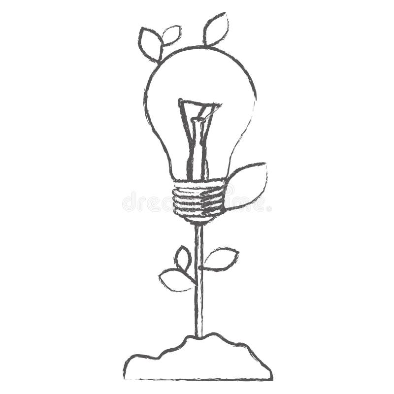 einfarbige Skizze mit Betriebsstamm mit Blättern und Glühbirne stock abbildung einfarbige Skizze mit Betriebsstamm mit Blättern und Glühbirne stock abbildung