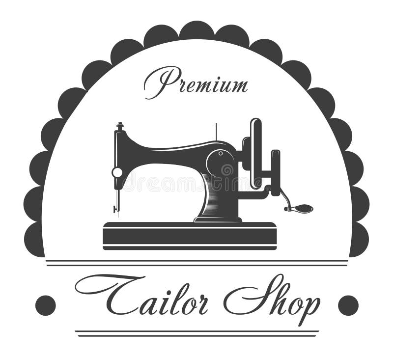 Einfarbiges Emblem des erstklassigen Schneidershops mit Nähmaschine vektor abbildung Einfarbiges Emblem des erstklassigen Schneidershops mit Nähmaschine vektor abbildung