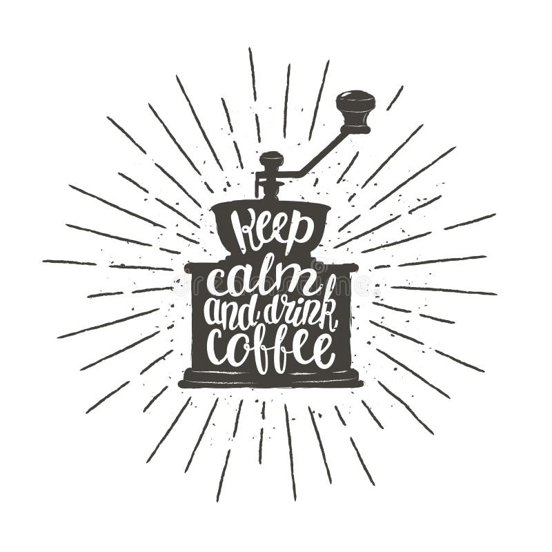 Einfarbiges Weinlesekaffeemühleschattenbild mit Beschriftung für Menü, Kaffeestubelogo oder Aufkleber, Plakat, T-Shirt Druck