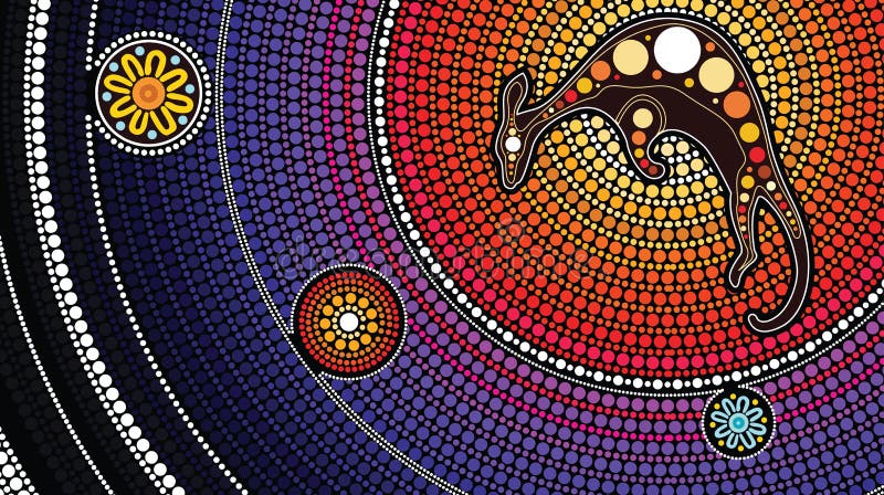 Eingeborene Kunstvektormalerei mit Känguru Punktlandschaftshintergrund