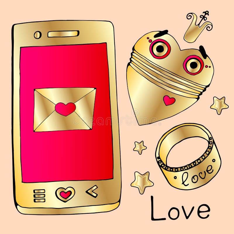 Eingestellt für den Tag aller Liebhaber Gold, Juwelen, Diamanten, Gold, Ring, goldenes Telefon, goldener Roboter, Roboterherz, go vektor abbildung