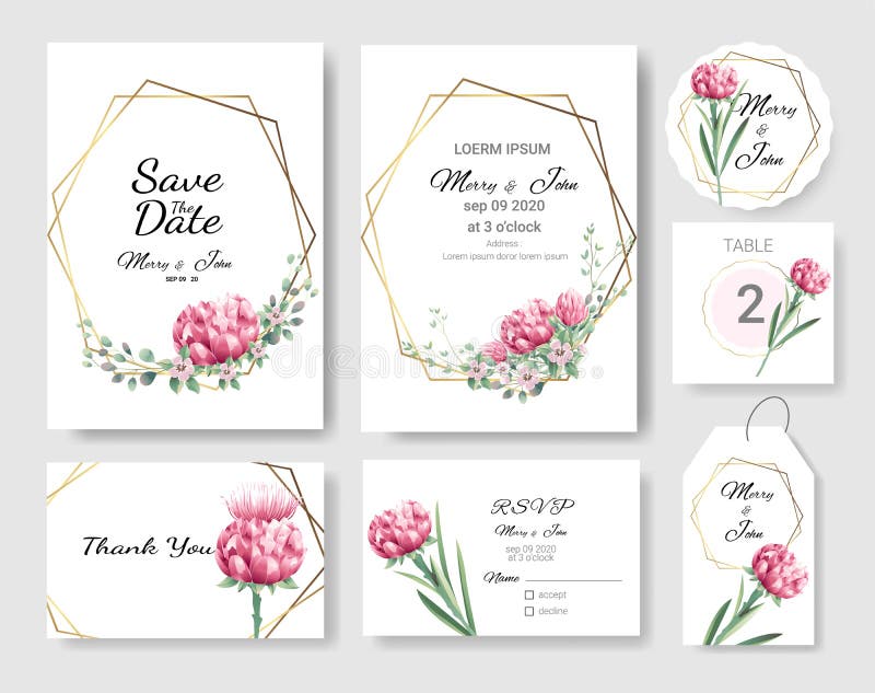 Eingestellt von Hochzeitseinladung Karte, sparen Sie das Datum danken Ihnen Karte, rsvp mit Blumen und Blätter, Goldgrenze, Aquar lizenzfreie abbildung