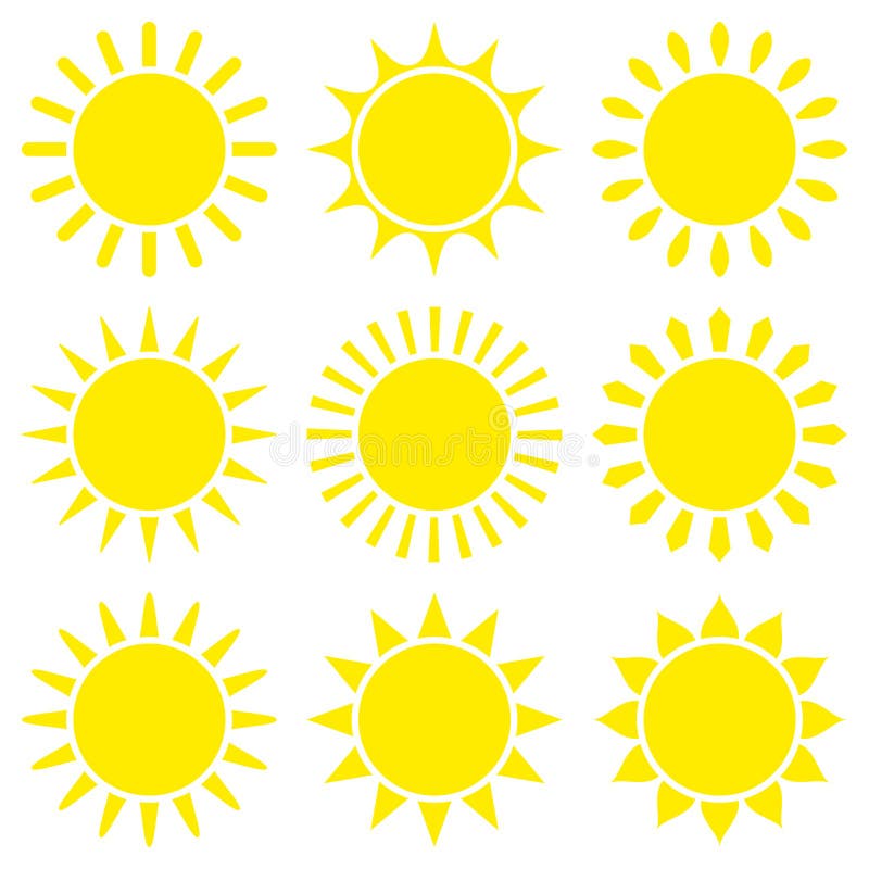 Eingestellt von neun gelben grafischen Sun-Ikonen lizenzfreie abbildung Eingestellt von neun gelben grafischen Sun-Ikonen lizenzfreie abbildung