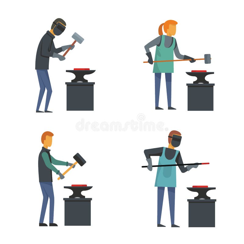 Eingestellte flache Art der Ambossschmiedeschmiede Ikonen vektor abbildung Eingestellte flache Art der Ambossschmiedeschmiede Ikonen vektor abbildung