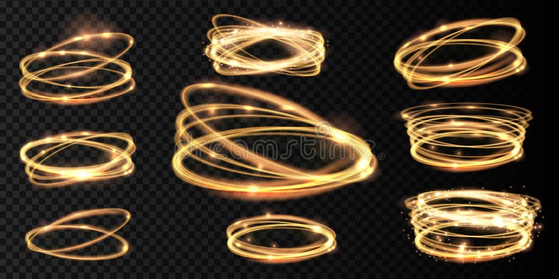 Eingestellte goldene glühende glänzende gewundene Linien und Lichteffekt des Kreises Feuer-Ringspur der Zusammenfassung glühende