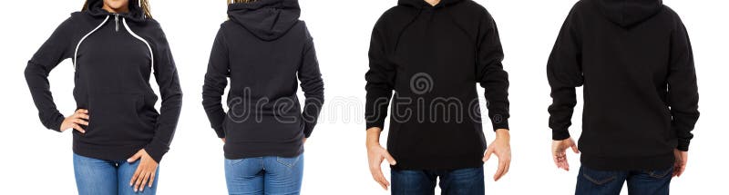 Eingestellte schwarzes lokalisierte Front des Hoodie Modell und hintere Ansichten - Mann und Frau im stilvollen schwarzen Sweatsh lizenzfreie stockfotos Eingestellte schwarzes lokalisierte Front des Hoodie Modell und hintere Ansichten - Mann und Frau im stilvollen schwarzen Sweatsh lizenzfreie stockfotos