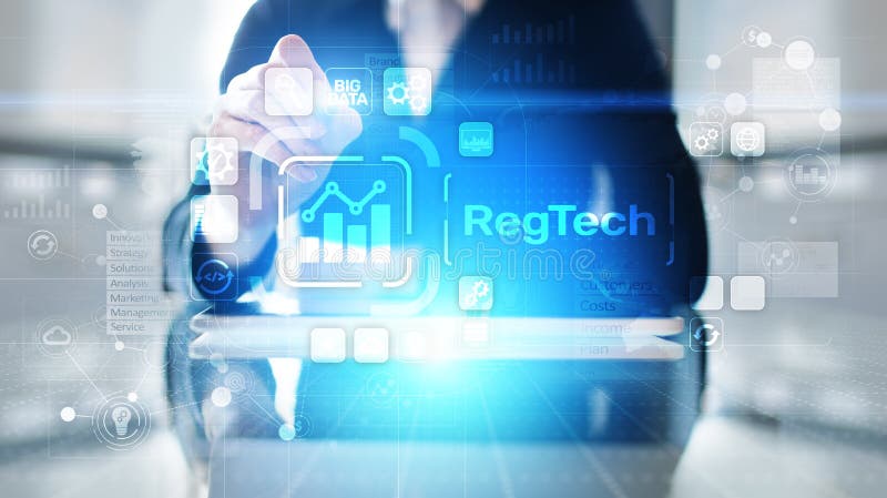 Einhaltung der Vorschriften für die Regulierung der Finanzkontrolle des modernen Internettechnologiekonzepts auf virtuellem Bildsc lizenzfreie stockbilder