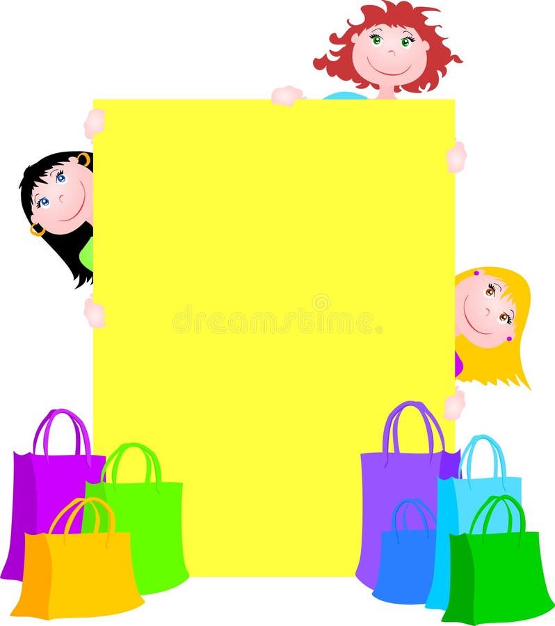 Girls admire shopping bags hidden by a yellow billboard customizable. Vector. Girls admire shopping bags hidden by a yellow billboard customizable. Vector