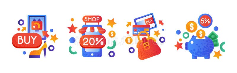 Einkaufen und kaufen farbiges Symbol und Piktogramm Vector Set vektor abbildung