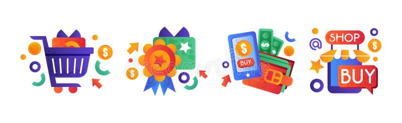 Einkaufen und kaufen farbiges Symbol und Piktogramm Vector Set vektor abbildung