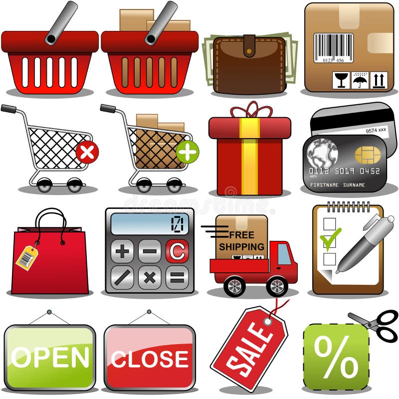 Illustration featuring shopping and commerce icon set isolated on white background. EPS file is available. Check my portfolio for the complete set. Illustration featuring shopping and commerce icon set isolated on white background. EPS file is available. Check my portfolio for the complete set