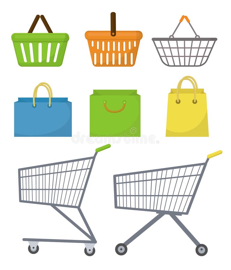 Einkaufstasche, Korb, Laufkatze, Warenkorb Ikonensatz, flache Art Kaufsupermarkt Getrennt auf weißem Hintergrund Vektor stock abbildung Einkaufstasche, Korb, Laufkatze, Warenkorb Ikonensatz, flache Art Kaufsupermarkt Getrennt auf weißem Hintergrund Vektor stock abbildung