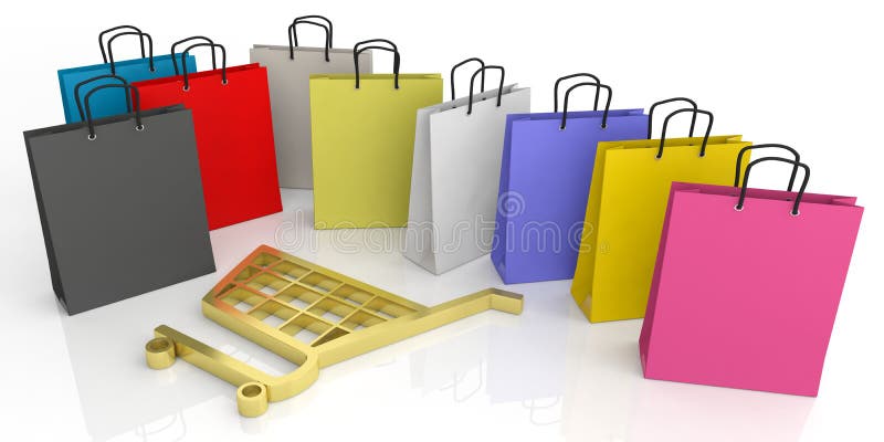 Einkaufstasche- und Warenkorbsymbol der Wiedergabe 3d vektor abbildung