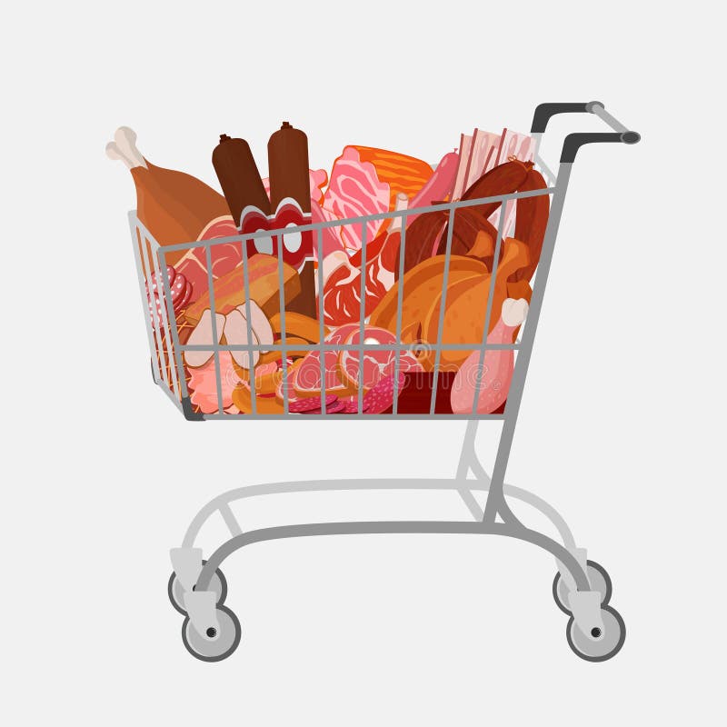 Einkaufswagen mit anderem Fleisch wie Bratgeflügel und Rib, Wurst, Salami und Schinken, Sirlon, Speck, Sucuk und stock abbildung