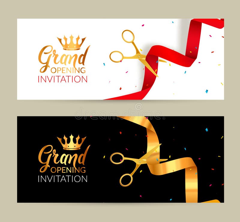Einladungsfahne der festlichen Eröffnung Goldenes Band und rotes Band schnitten Zeremonieereignis Feierkarte der festlichen Eröff