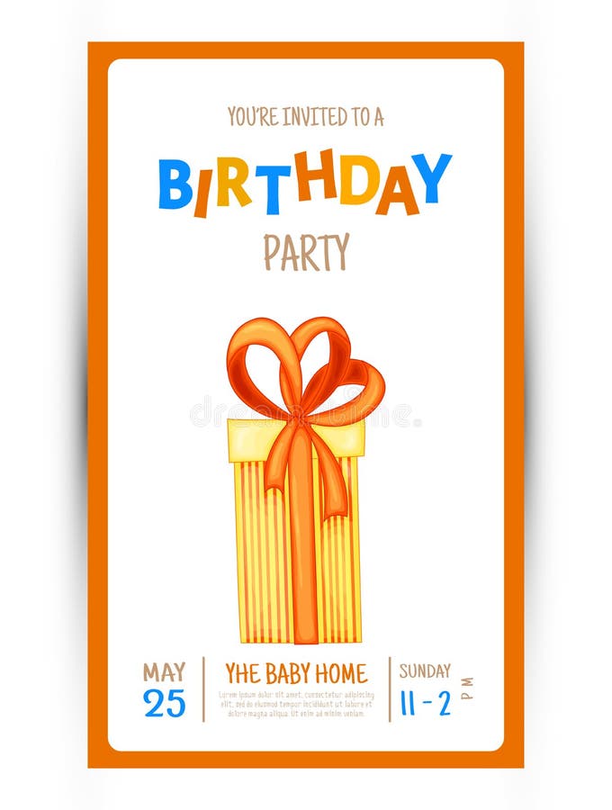 Einladungskarte für farbenfrohe Party mit einem Geschenk auf weißem Hintergrund Feierlichkeiten zum Geburtstag mehrfarbig Vector