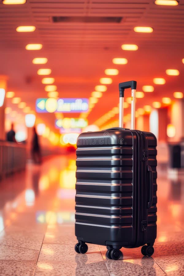 Einsam roter Koffer in einem leeren beleuchteten Flughafen-Terminal. ai generiert lizenzfreie abbildung
