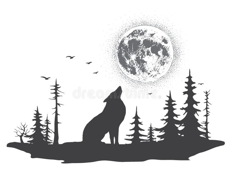 Einsamer Wolf, Der Auf Dem Mond Heult Vektor Abbildung - Illustration