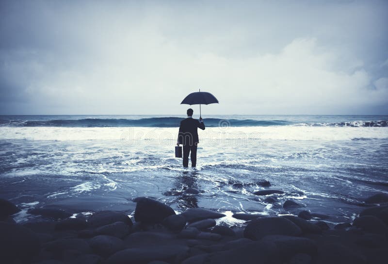 Einsames Geschäftsmann-Alone Anxiety Beach-Konzept