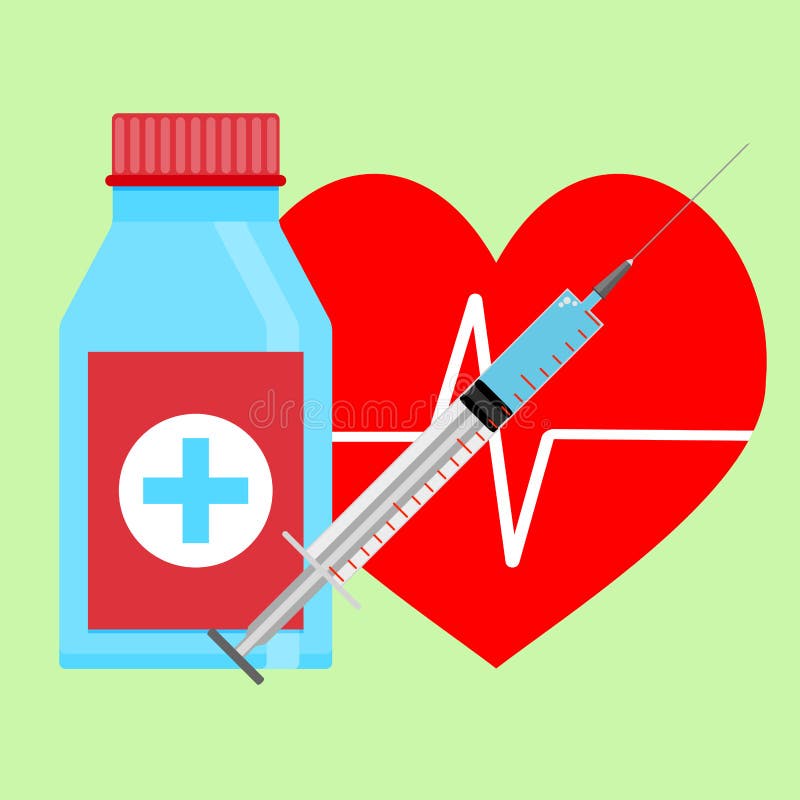 Injection of adrenaline to heart. Medical cure for health heart. Vector illustration. Injection of adrenaline to heart. Medical cure for health heart. Vector illustration