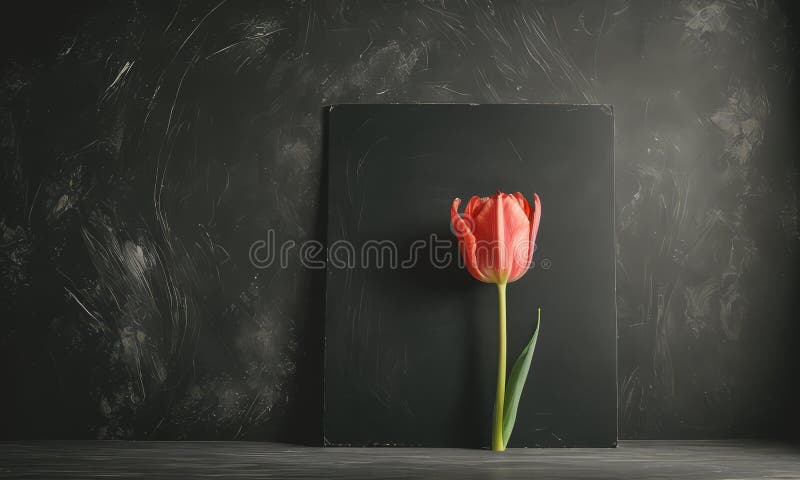 Einzelne rote Tulpe hebt sich vor dunklem Hintergrund hervor, mit schwarzem Quadrat-Rahmen, der die Komposition tiefer macht. lizenzfreie abbildung