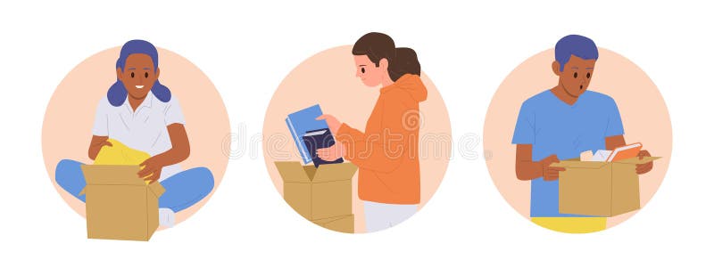 Einzelne runde Icon-Komposition mit glücklichen Leuten, die Kartons auspacken oder verpacken, mit Kram stock abbildung