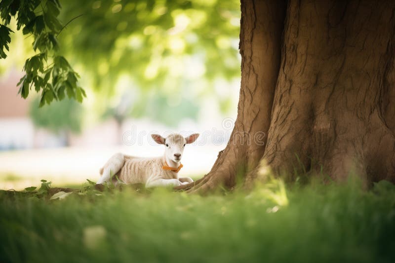 Einzelnes Lamm unter einem schattigen Baum stockbild