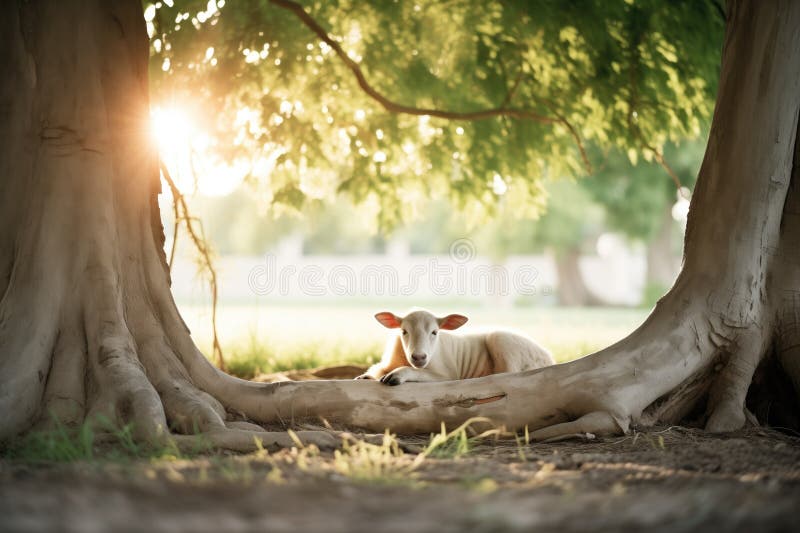 Einzelnes Lamm unter einem schattigen Baum lizenzfreies stockfoto