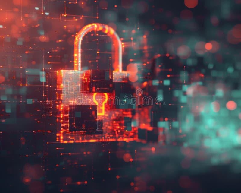 Einzigartige Darstellung eines digitalen Schloss, das in einem abstrakten Cyberspace schwebt lizenzfreie abbildung