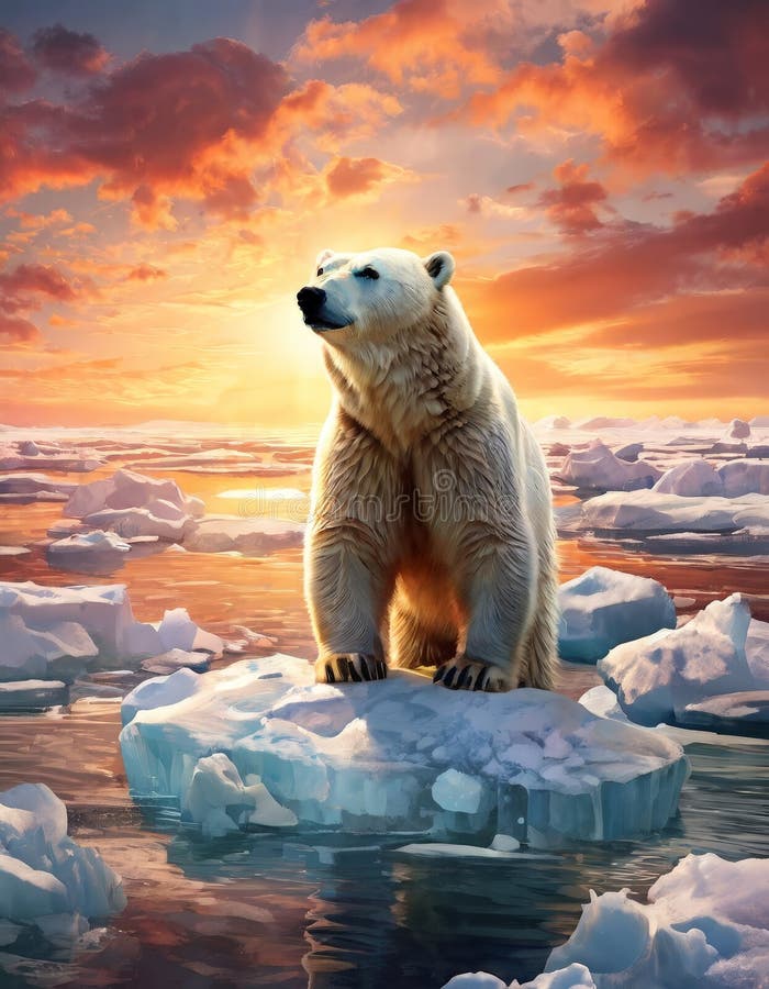 Eisbär auf Eisscholle bei Sonnenuntergang in arktischer Abbildung stockbilder