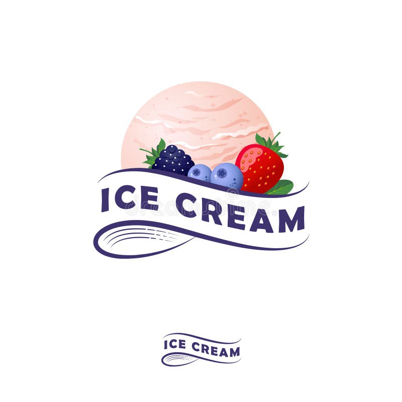 Eiscreme-Logo Buchstaben auf einem Band und einer Schaufel Eiscreme mit Beeren