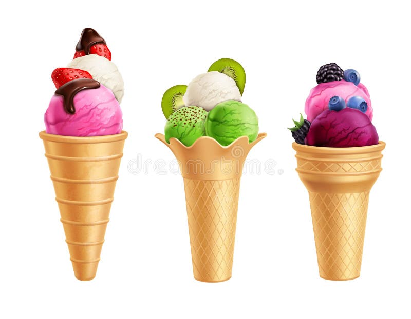Eiscreme mit Frucht-realistischem Satz lizenzfreie abbildung Eiscreme mit Frucht-realistischem Satz lizenzfreie abbildung