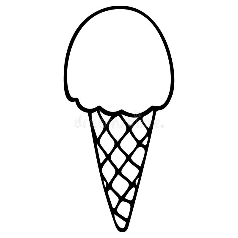 Eiscremeschwarzweißabbildung. Vektorillustration. knusperiger Waffelkegel. Skizze. Entwurf auf einem weißen Hintergrund. Gekritzelart. süßer Auffrischungsnachtisch. Sommerstimmung. Am stiel-Kegel Skizzeneis. Idee für Menüwebdesign.