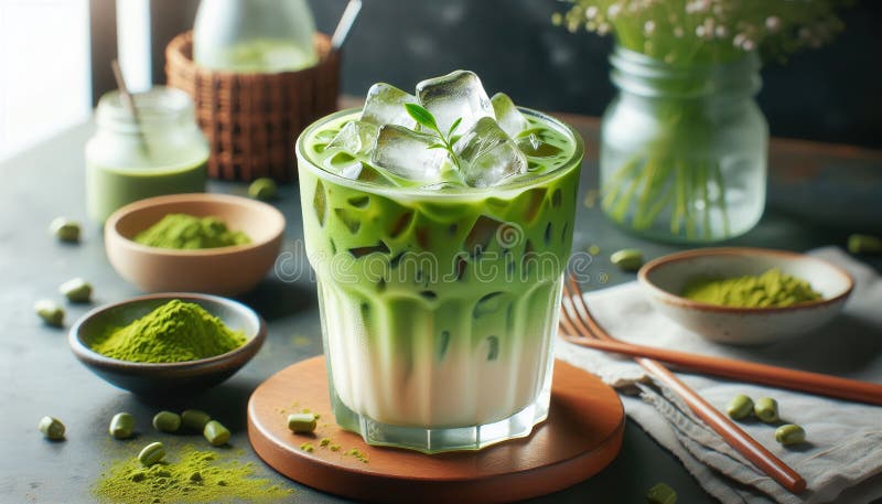 Eismatcha latte mit Milch und Eis auf einem dunklen Tisch. stock abbildung